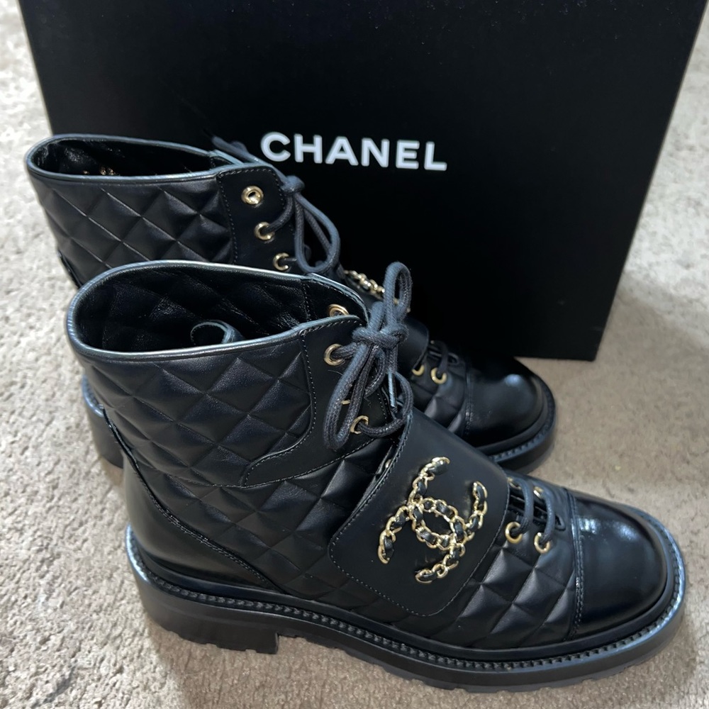 Chanel Lace Up Calfskin & Shiny Calfskin Leather Boots - Picture 3 of 16